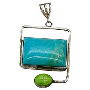 Navajo Native American Sterling Silver Turquoise Pendent By Renell Perry Signed